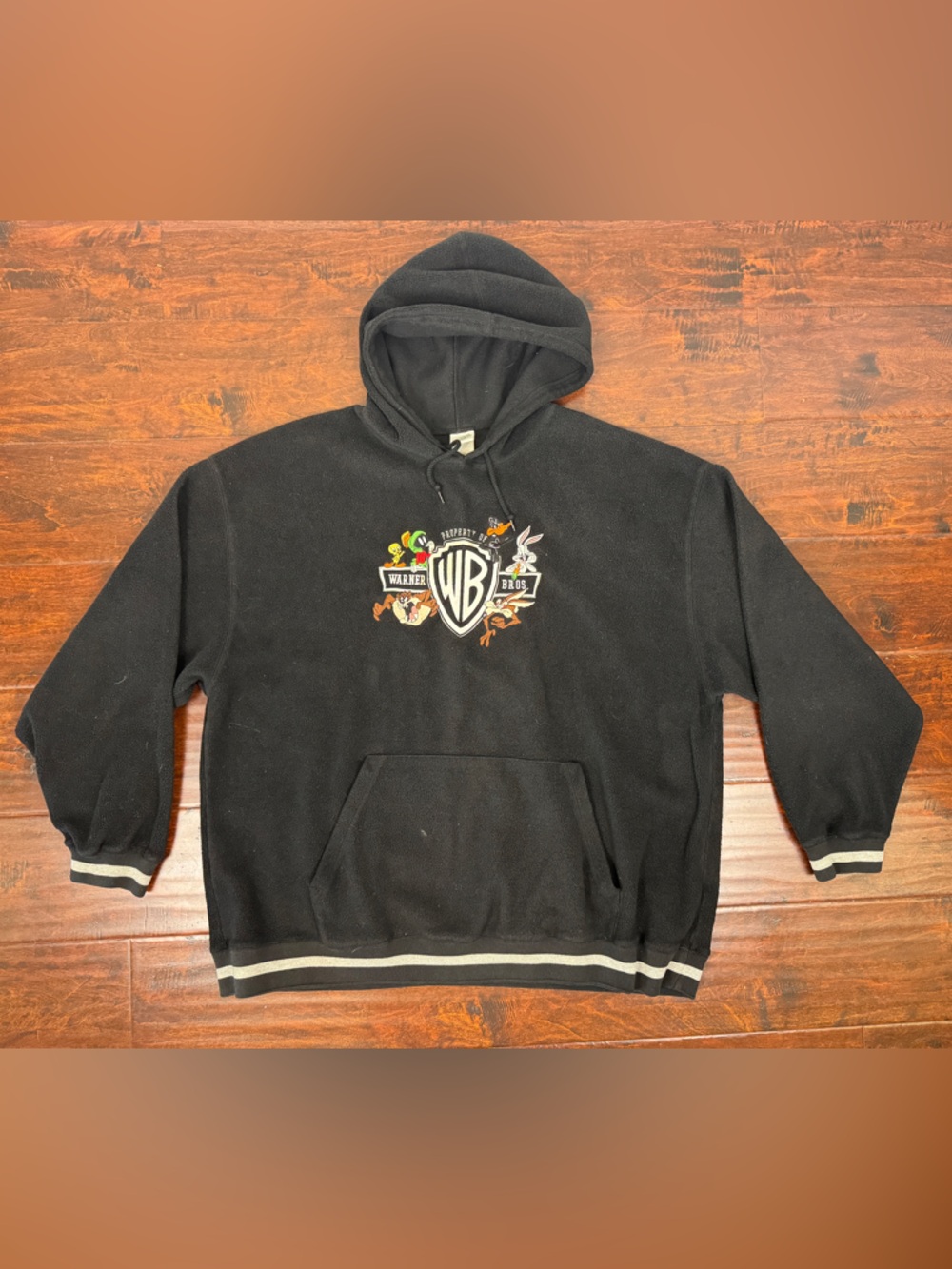 Warner Bros Fleece Embroidered Hoodie, 3XL, Black Fuzzy Sweatshirt